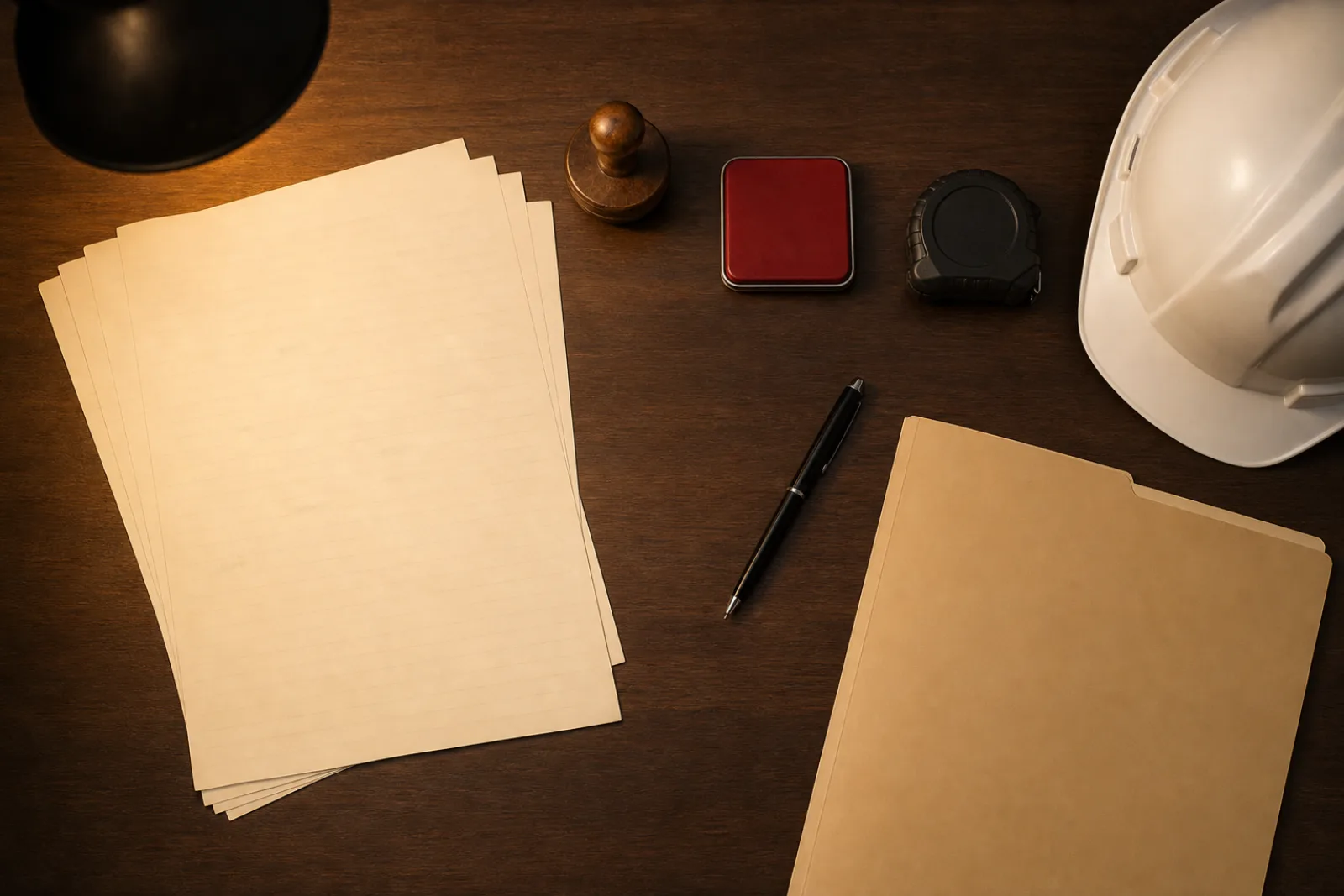 Shipping documents, stamp and hard hat on a desk