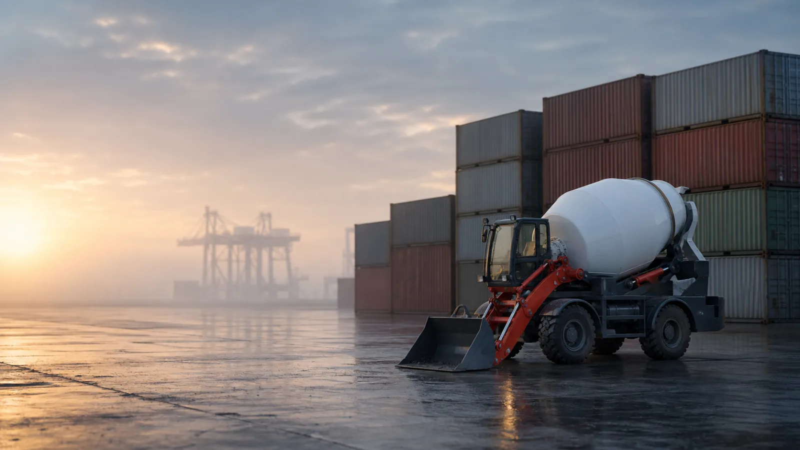 Container yard at sunrise with a self-loading mixer awaiting export