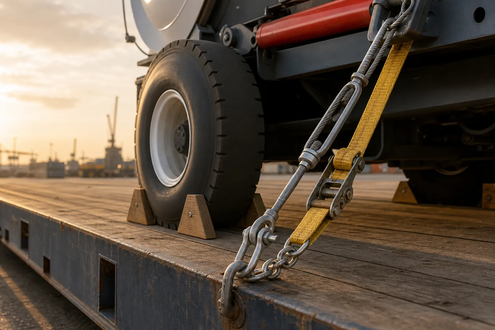Lashing straps, chains and chocks securing a machine to a platform